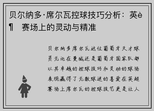 贝尔纳多·席尔瓦控球技巧分析：英超赛场上的灵动与精准